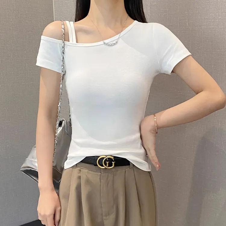 白色斜肩短袖t恤女春夏2025年新款修身一字领半袖内搭显瘦上衣潮