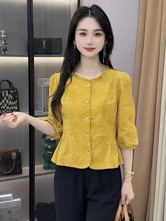 时尚休闲七分袖衬衫女2025夏季新款木耳花边气质洋气显瘦百搭衬衣