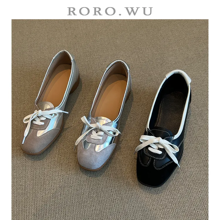 娆娆吴·牛皮休闲系带浅口时尚新款百搭粗跟日常通勤单鞋女鞋A195