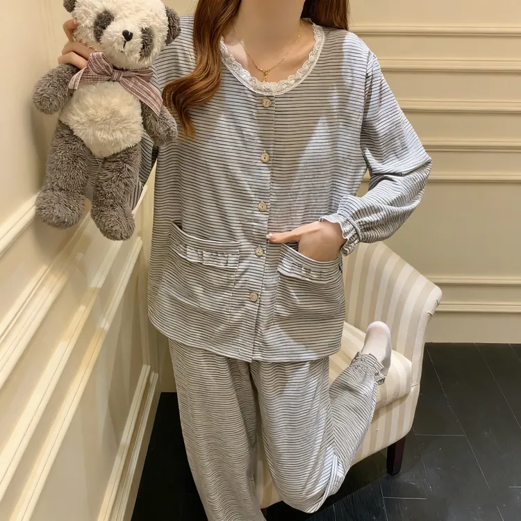 带胸垫睡衣女士长袖长裤秋冬款新款甜美条纹舒适可外穿家居服套装