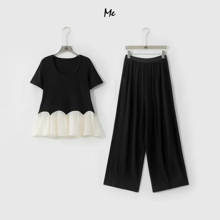 ME【黑罗曼套装】超柔荷叶下摆遮肉显瘦百搭时尚休闲套装MESS5848