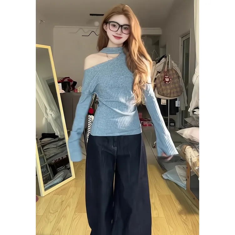 韩系设计感蓝色斜肩挂脖飘带针织衫女开春新款宽松阔腿牛仔裤套装