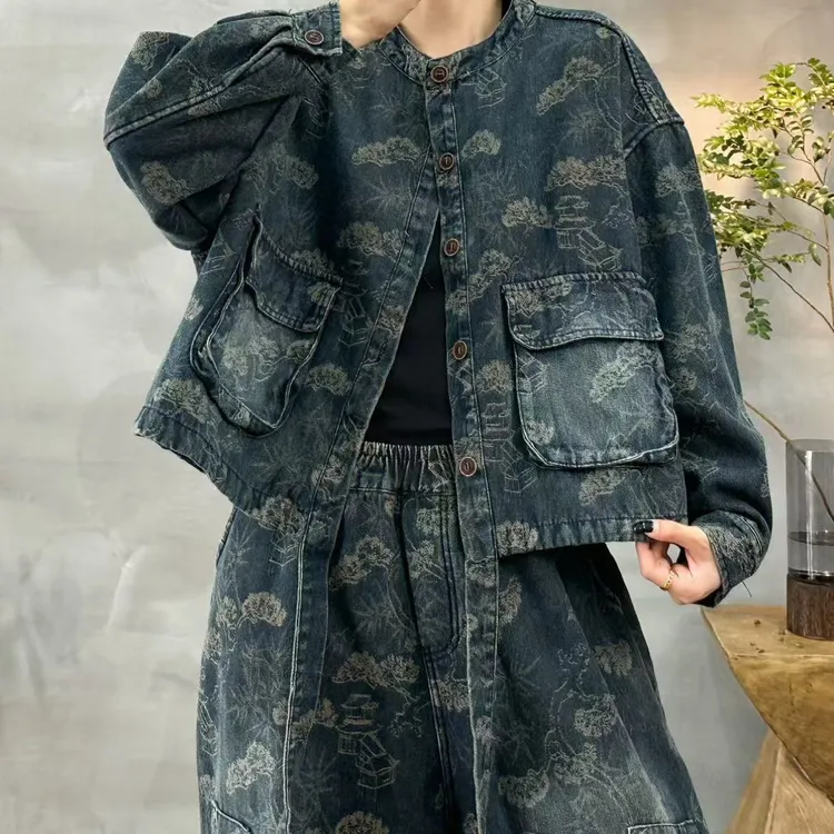 冬季爆款加棉加厚牛仔棉袄裤子套装