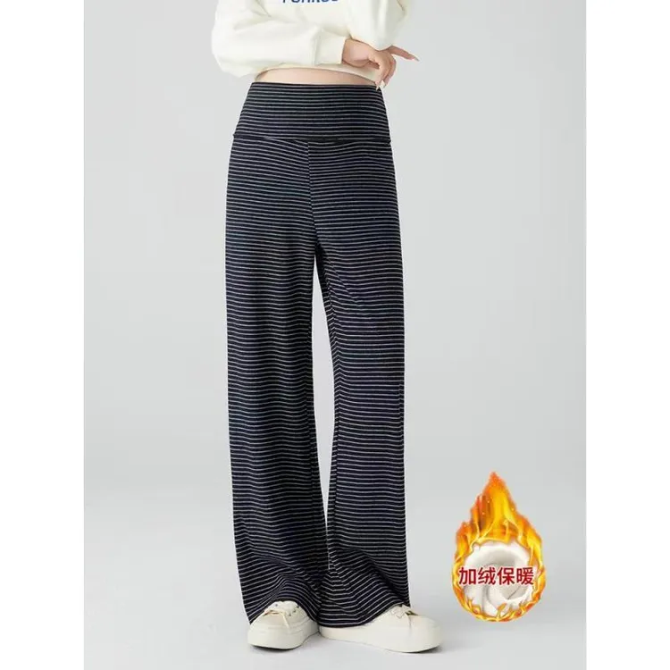 秋冬加绒孕妇时髦宽松百搭垂感条纹无托腹阔腿裤