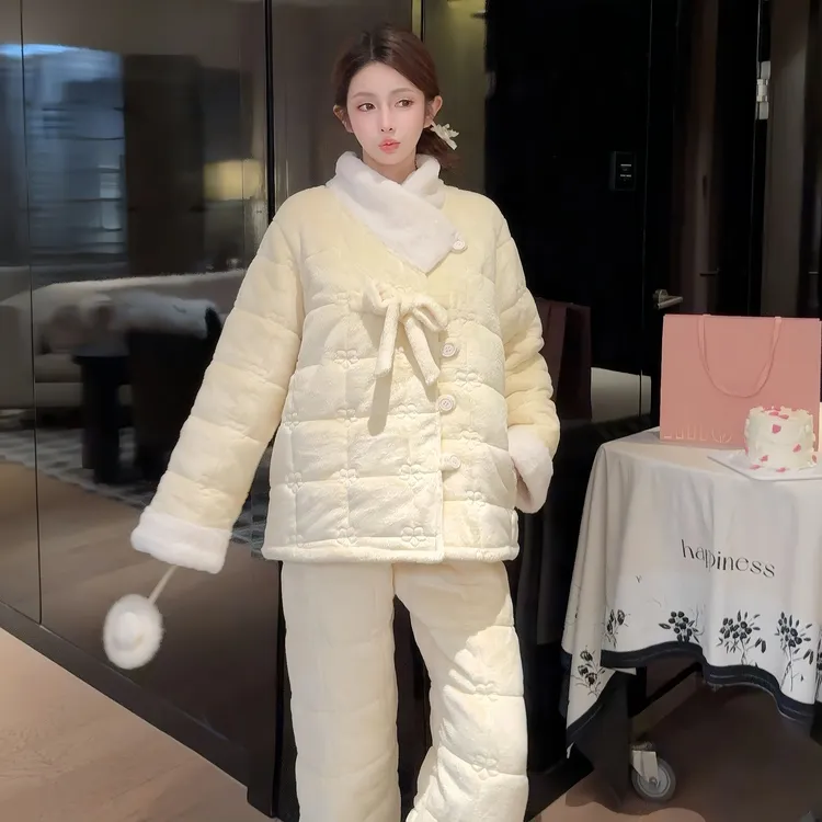 国风立领2025款三层夹棉睡衣女冬季加厚珊瑚绒保暖可外穿家居服