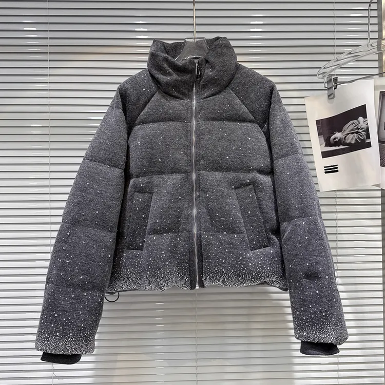 网红同款2025冬季新款炸街重工渐变烫钻立领拉链宽松棉服棉衣外套
