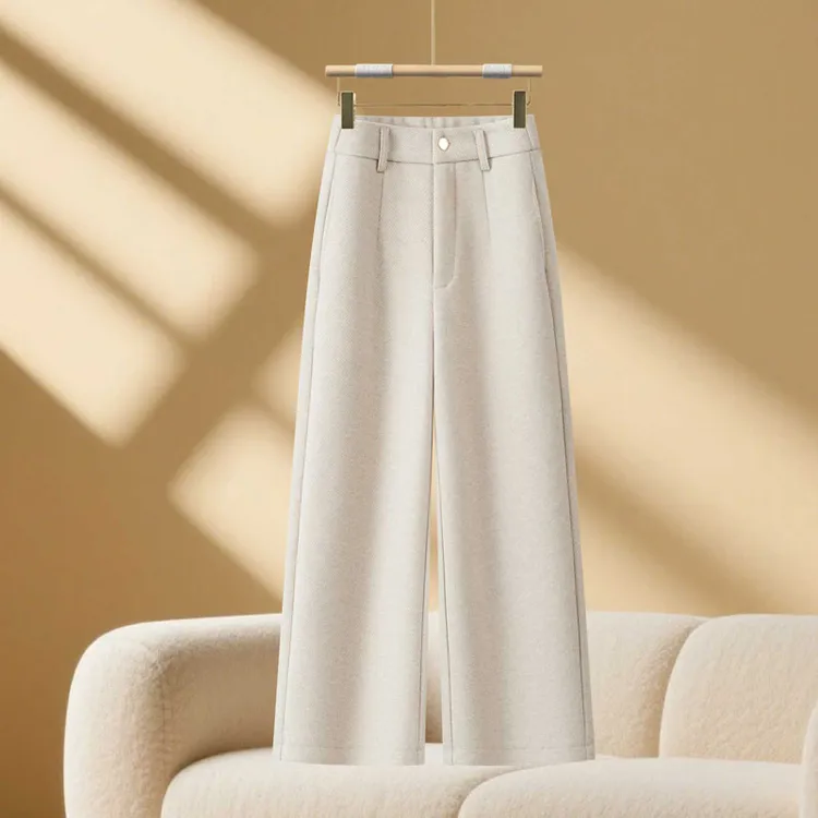 醋酸羊毛加绒米白色阔腿裤女2025秋冬季新款休闲加厚毛呢直筒裤子
