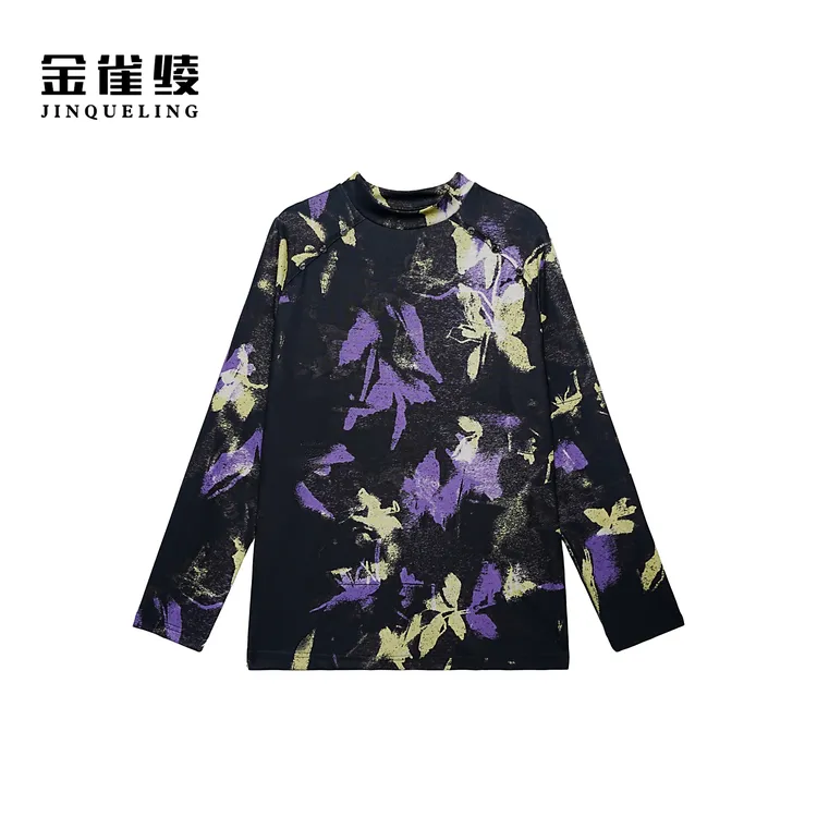 金雀绫【紫鸢尾】法式浪漫半高领晕染加宽加大小衫SZA3SY786