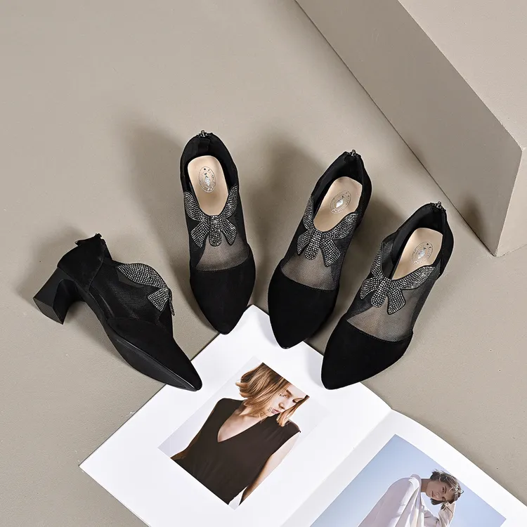 昔子7171单鞋新款夏季百搭时尚舒适尖头网面高跟春夏软底粗跟