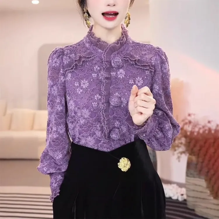木耳边蕾丝衬衫女士秋冬季轻奢高级感洋气减龄高端丝绒打底衫上衣