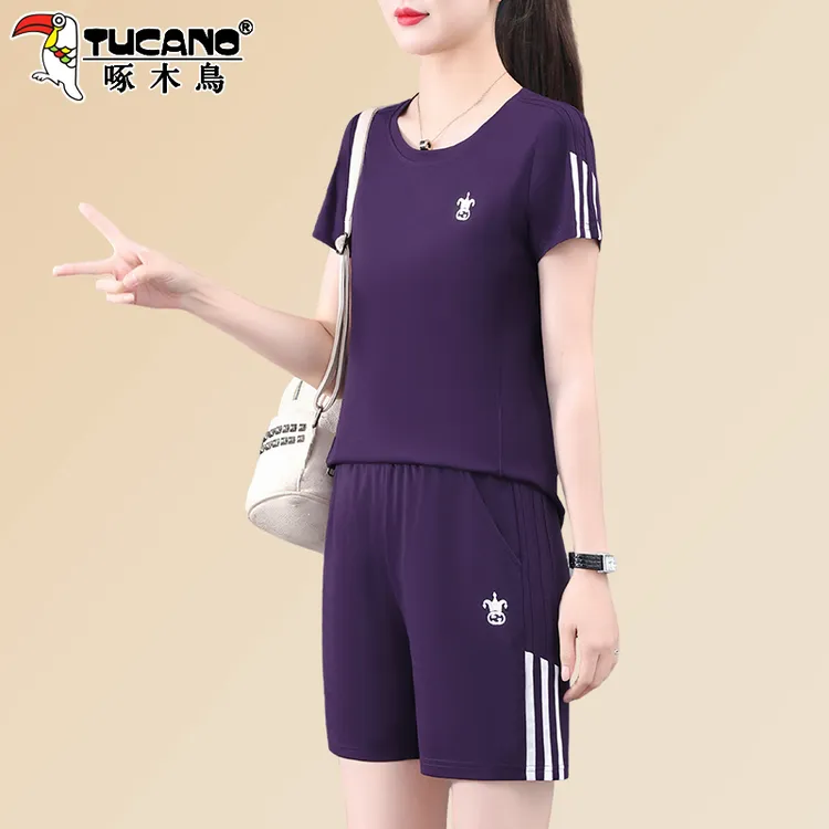 啄木鸟短裤运动套装女夏季2025新款冰丝薄款妈妈夏装休闲服两件套