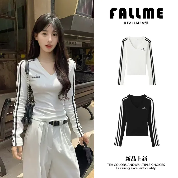 CKKOR秋冬新款修身显瘦V领薄款卫衣女美式时尚休闲三杠设计感长袖