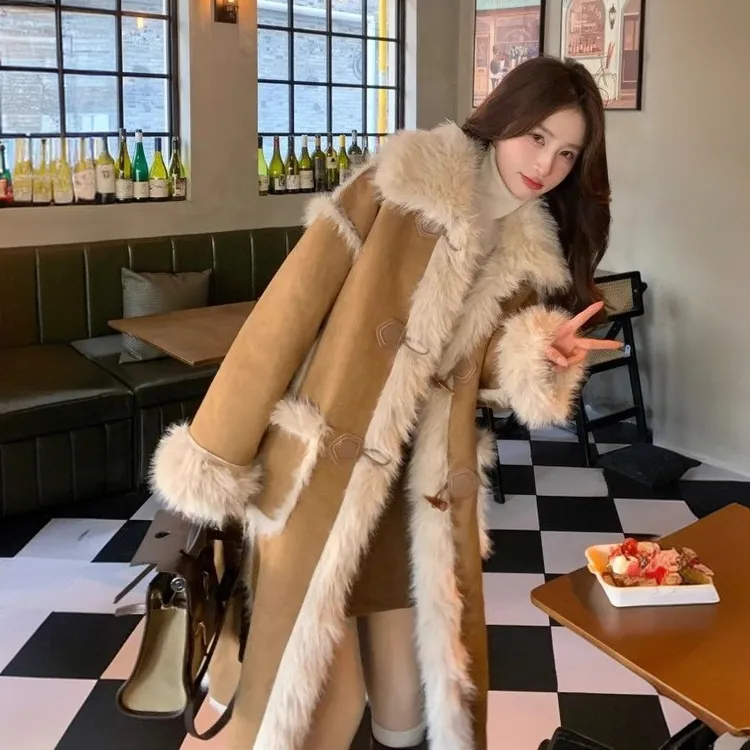 韩版轻奢仿狐狸毛皮毛一体外套女冬季新款加绒加厚保暖洋气大衣