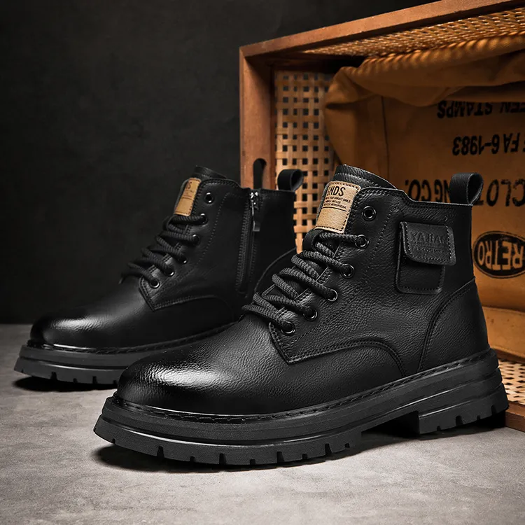 马丁靴加绒纳帕小软皮男士时尚百搭复古高帮植鞣皮英伦男靴休闲
