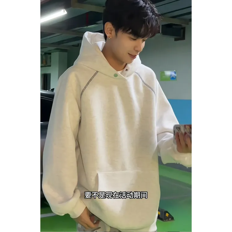 秋冬新款纯色连帽卫衣男简约插肩袖缝隙设计青少年重磅套头上衣