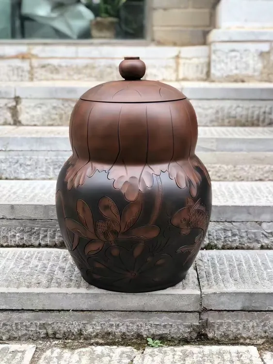 云南建水紫陶线雕葫芦储茶缸米缸密封防潮手工茶器