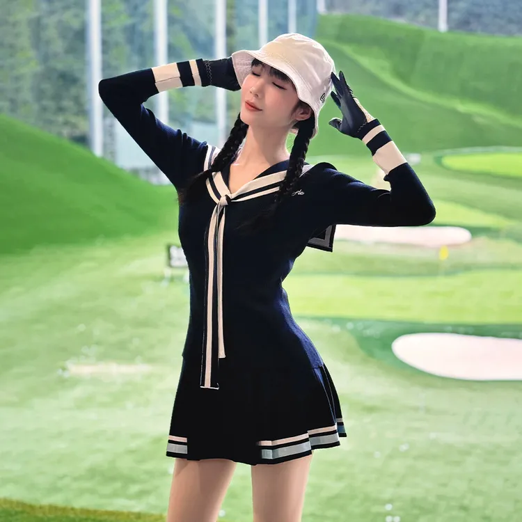 秋冬季新款长袖海军领结高尔夫女装针织毛衣保暖高品质运动套装裙