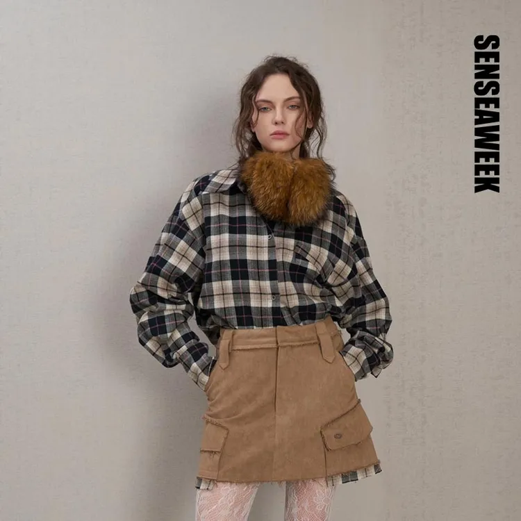 SENSEAWEEK【张弛同款】复古撞色毛边微阔长袖衬衣黑粉格纹阔版衬衫