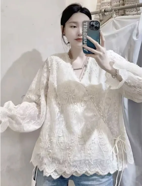 ZXG2580#蕾丝珍珠长袖衬衫2025绣花套头宽松重工钉珠套头衫上衣