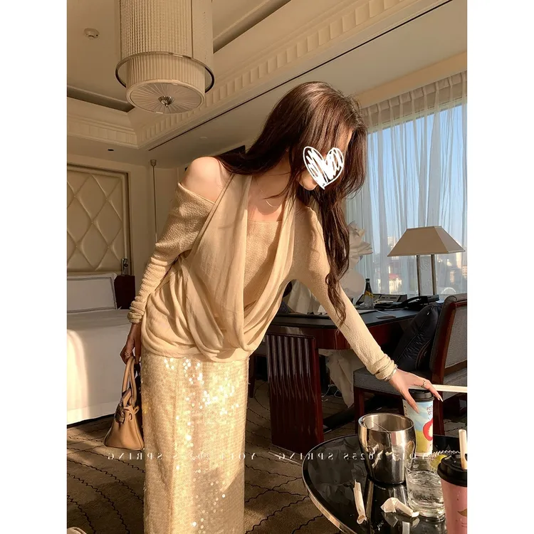 法式松弛感挂脖一字肩上衣女春秋新款温柔百搭设计感小众长袖T恤