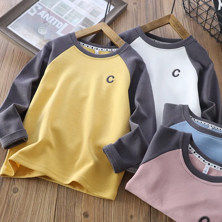 男童长袖2025春季新款中大童插肩袖T恤儿童亲肤高弹拼色打底衫