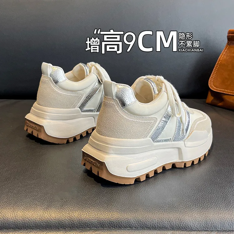 厚底爬山运动鞋真皮9CM德训鞋2025新款小个子内增高百搭阿甘鞋女