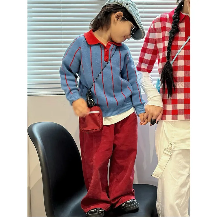 现货壹妈童装男女童套装2025秋装儿童洋气学院风条纹针织衫红色裤