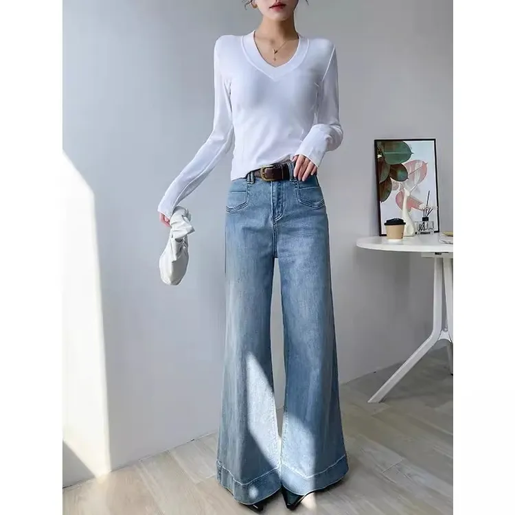 蓝色微喇牛仔裤女2025年新款时尚潮流春秋高腰显瘦宽松阔腿喇叭裤