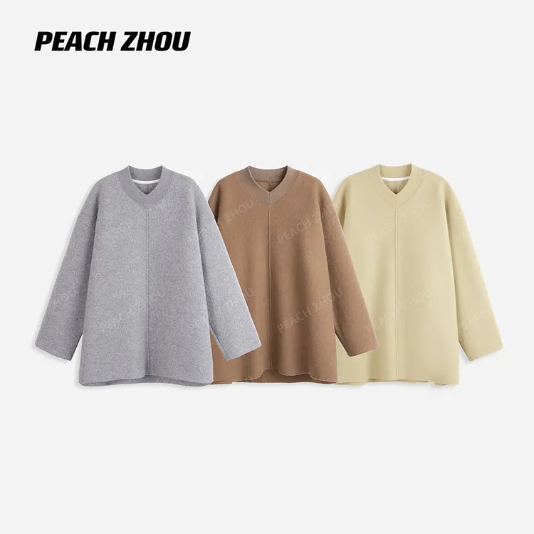 『PEACHZHOU』羊毛混纺中线散边宽松针织V领卫衣极简休闲高级感长袖