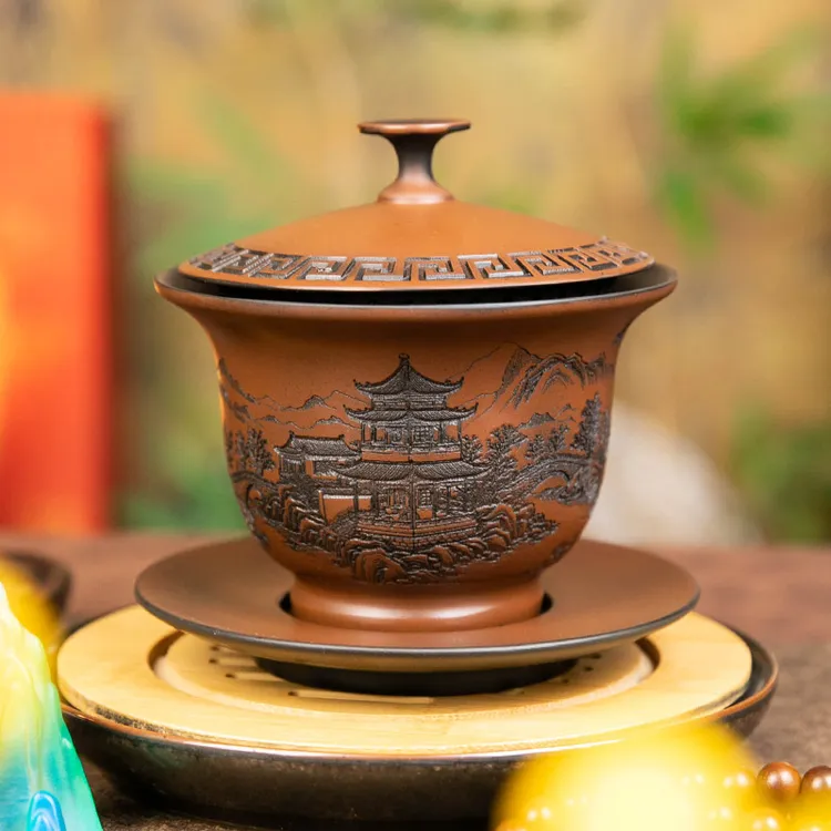 紫陶浮雕三才盖碗单个江南楼阁云南功夫茶具泡茶家用办公茶杯套装