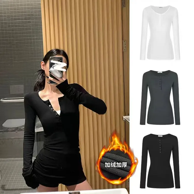 Moses Queen/魔西女王辣妹纯欲半开领上衣中长款小众修身长袖T恤