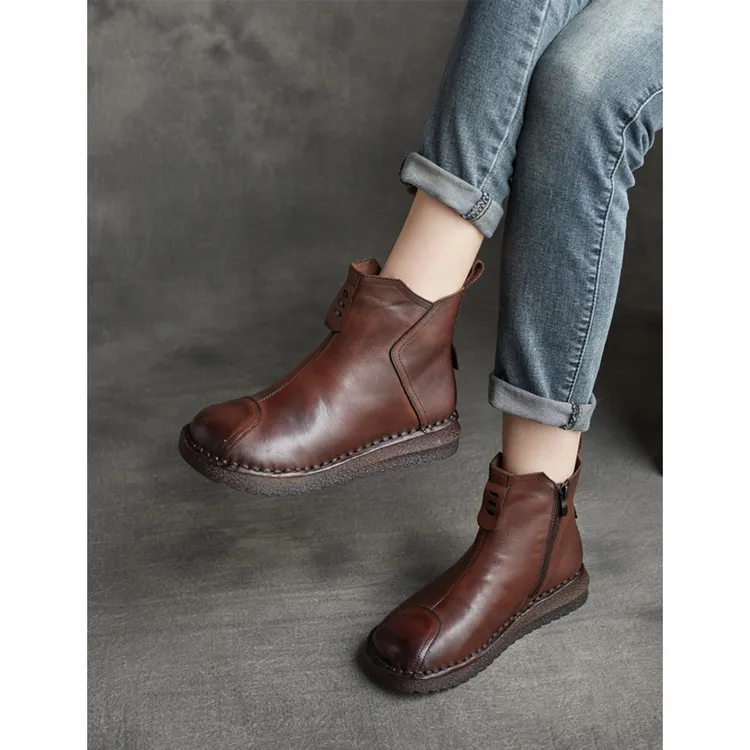 2025秋冬新款复古真皮圆头平跟马丁靴靴子短靴高帮鞋单靴时尚复古