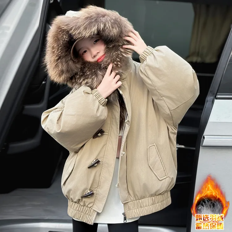 女童冬装派克羽绒服2025新款儿童洋气加厚大童连帽毛领白鸭绒外套