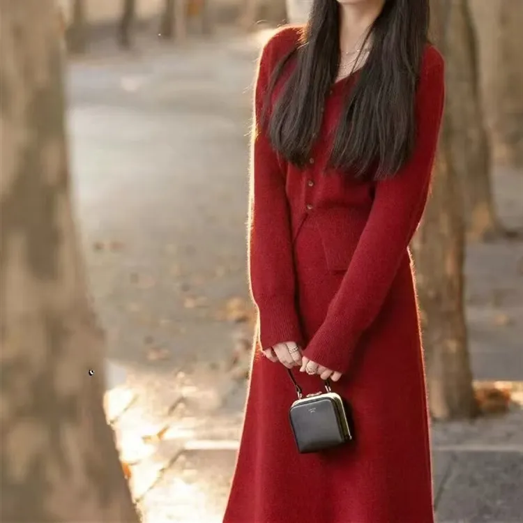 名媛风V领软糯长袖针织开衫高腰半身长裙女秋冬2023新款时尚套装