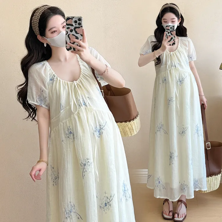 孕妇法式花朵刺绣高级无袖连衣裙水滴圆领设计时尚慵懒宽松小短裙
