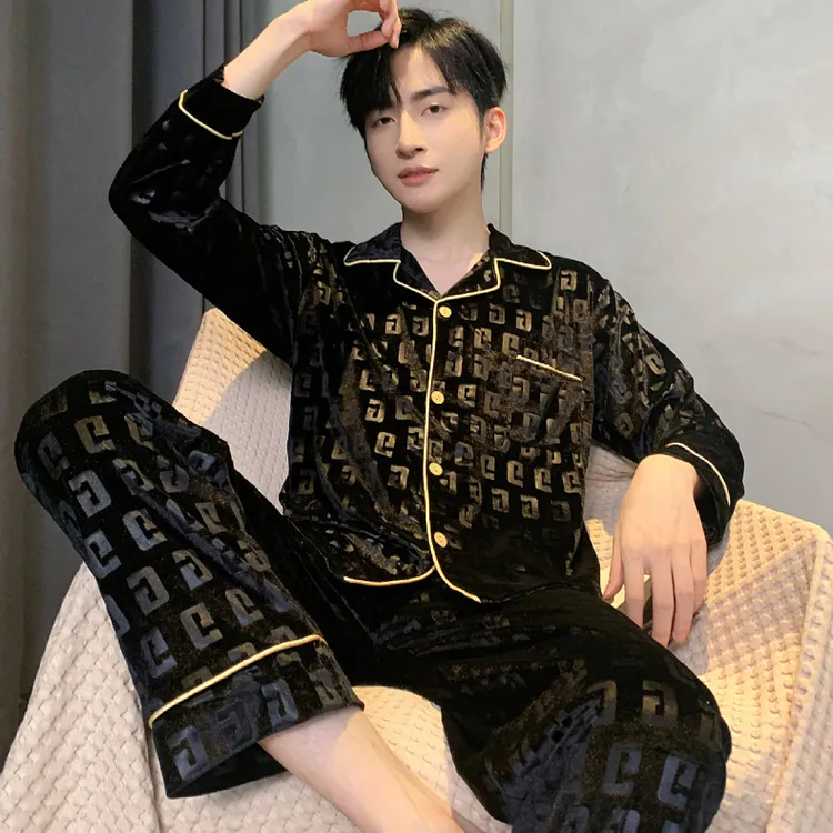 G字母男士秋冬新款男款金丝绒家居服睡衣套装