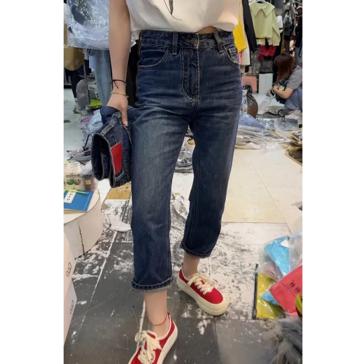 2025年夏季新款大码高腰直筒牛仔裤女小个子弹力显瘦九分法棍裤