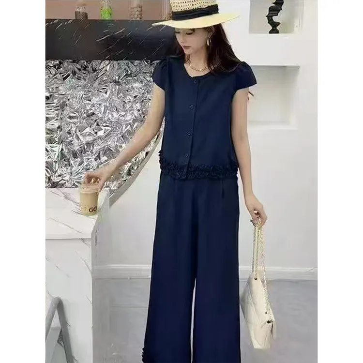 拉夏贝尔韩版时尚套装女2025夏新款蕾丝拼接短袖衬衫直筒裤两件套