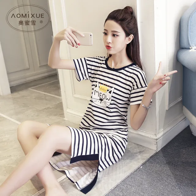 睡衣女夏纯棉短袖睡裙卡通简约休闲条纹简约大码全棉可外穿家居服