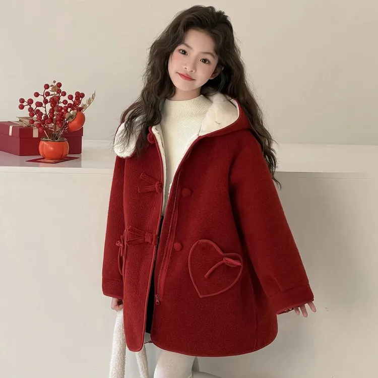 女童加绒加厚拜年服外套2025新款初中生女生呢子大衣女孩毛呢棉袄