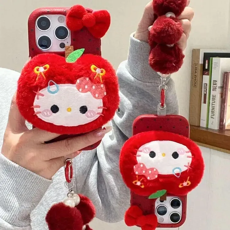 冬季毛绒KT猫公仔毛球绳适用苹果17/16手机壳华为vivo小米15oppo