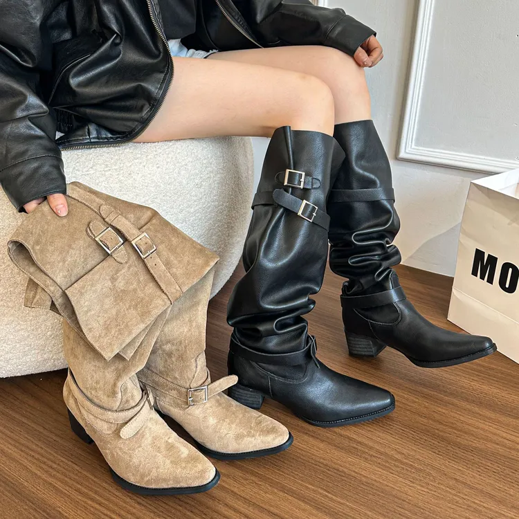 大筒围堆堆靴女长靴2025秋季新款尖头粗跟两穿皮带扣骑士靴高筒靴