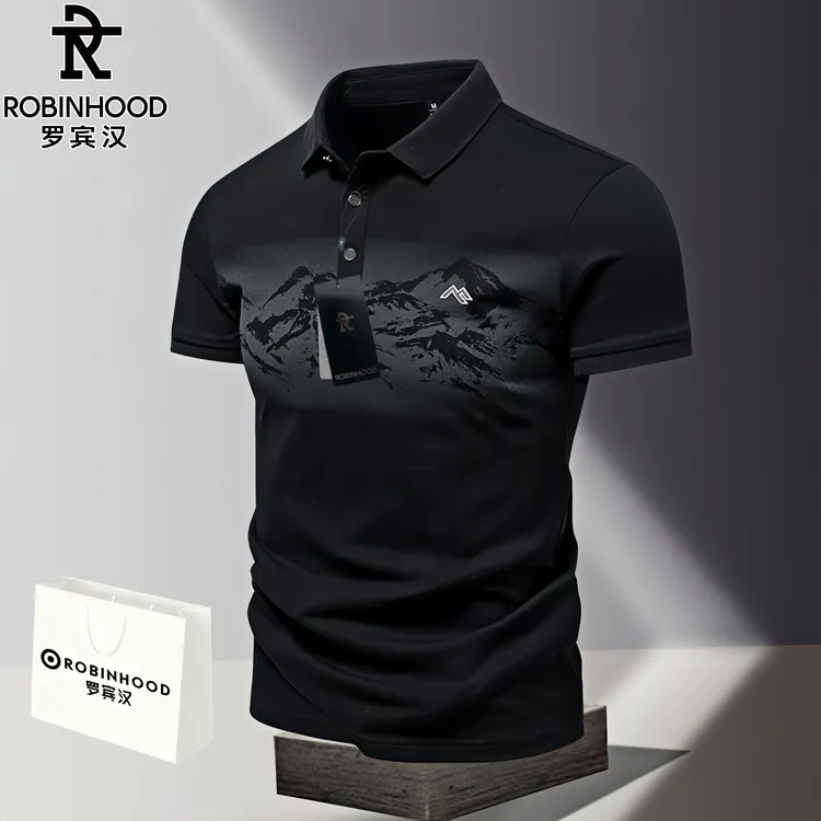 罗宾汉/ROBINHOOD印花Polo衫男士短袖T恤夏季休闲高档翻领半截袖