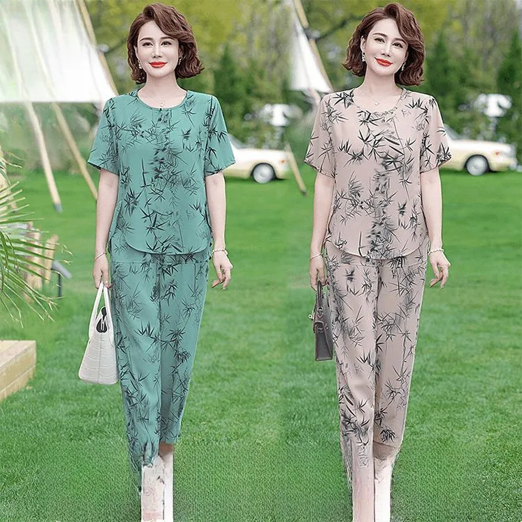 俞兆林中年妈妈夏季薄款套装新款时尚中老年洋气短袖大码夏装