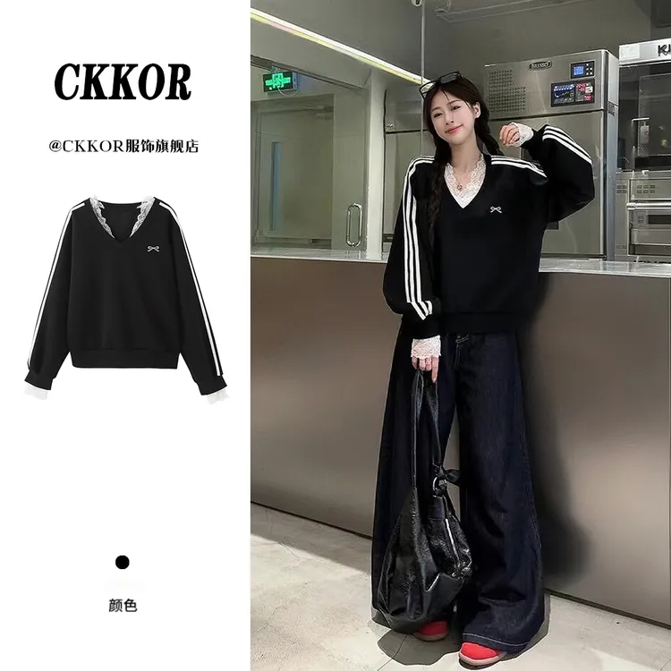 CKKOR秋季新款v领长袖卫衣女蕾丝拼接刺绣韩系简约宽松设计感外套