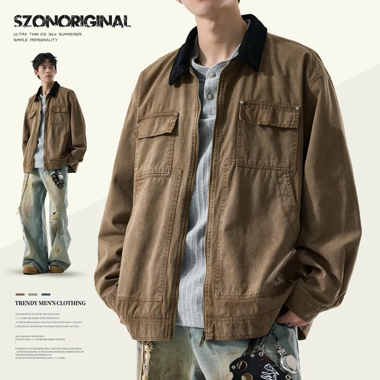 夹克男新款春秋美式复古工装外套底特律男款爆款翻领短款棒球服