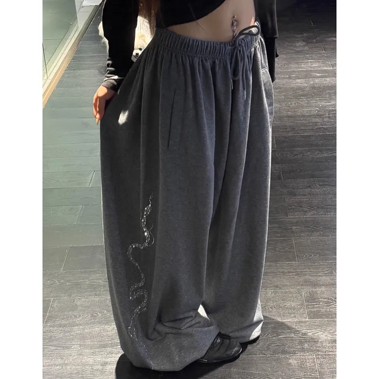 美式复古灰色设计感小蛇烫钻印花休闲裤男女宽松卫裤百搭长裤子