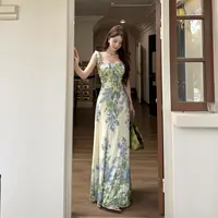 KaDaiShan 法式田园风裙子女款爆款2025新款绿色花园荷叶边长裙