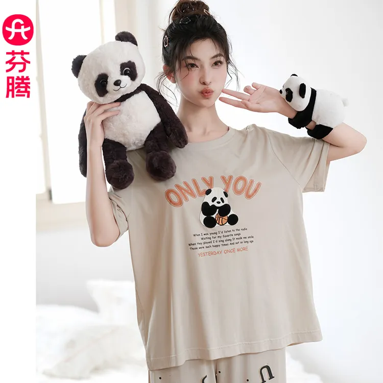 芬腾纯棉睡衣女款夏季短袖长裤薄款2025新款卡通可外穿家居服套装