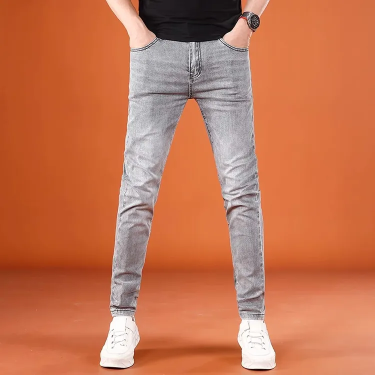 GS2025新款烟灰色裤子男休闲裤夏季薄款弹力男牛仔裤修身小脚长裤